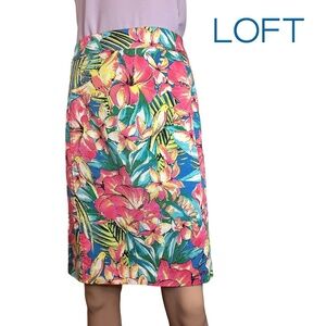 LOFT Cotton Skirt Hibiscus and Birds Colourful Finely Tailored Knee Length